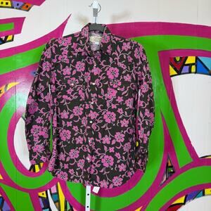Cowboy Gang, Western Pink and Brown Hawaiian Floral Pearl Snap Shirt. Size XS.